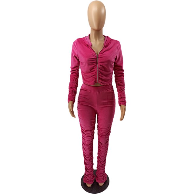 Honganda Slim Pleated Zipper Hooded Top and Pants Two-piece Suit