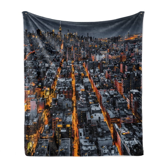 City Soft Flannel Fleece Throw Blanket, Avenues Converging Towards Midtown in New York America Architecture Aerial, Cozy Plush for Indoor and Outdoor Use, 50" x 60", Marigold Grey Black, by Ambesonne