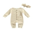 thumbnail image 1 of POINTERTECK 2Pcs Baby Girls Outfit Solid Color Single-breasted Long Sleeve Romper with Pocket Headband Fall Outfits Set, 1 of 6