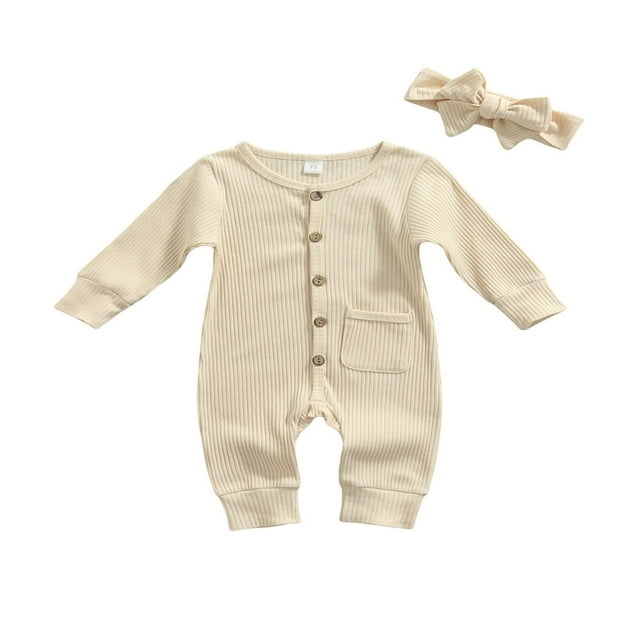 POINTERTECK 2Pcs Baby Girls Outfit Solid Color Single-breasted Long Sleeve Romper with Pocket Headband Fall Outfits Set