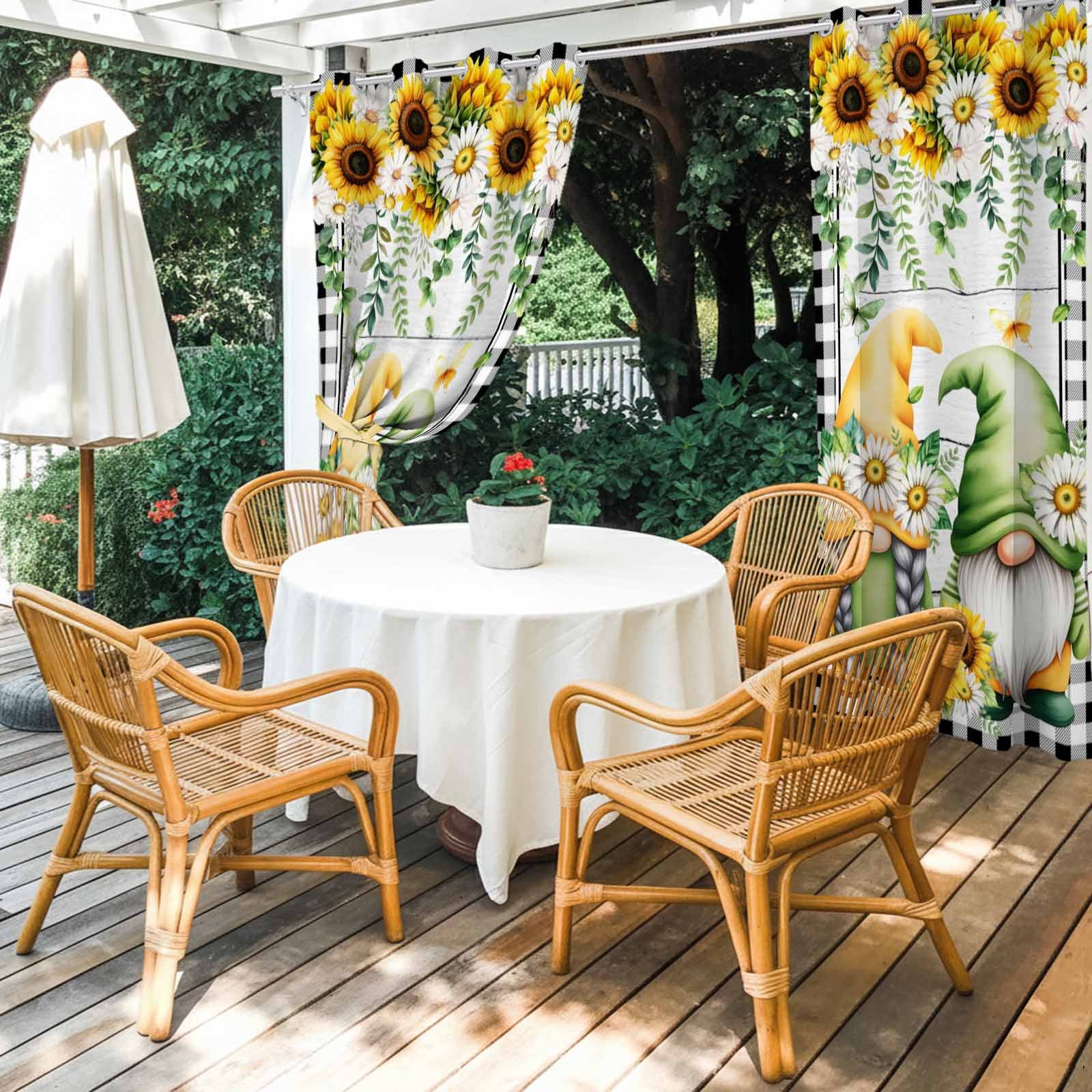 1 Panel Outdoor Curtains for Patio Waterproof 54"x95" Sunflower Gnomes Weatherproof Privacy Outsides Curtains, Spring Farmhouse Daisy Leaf Wooden Grain Grommet Thermal Drapes for Cabana Porch Pergola