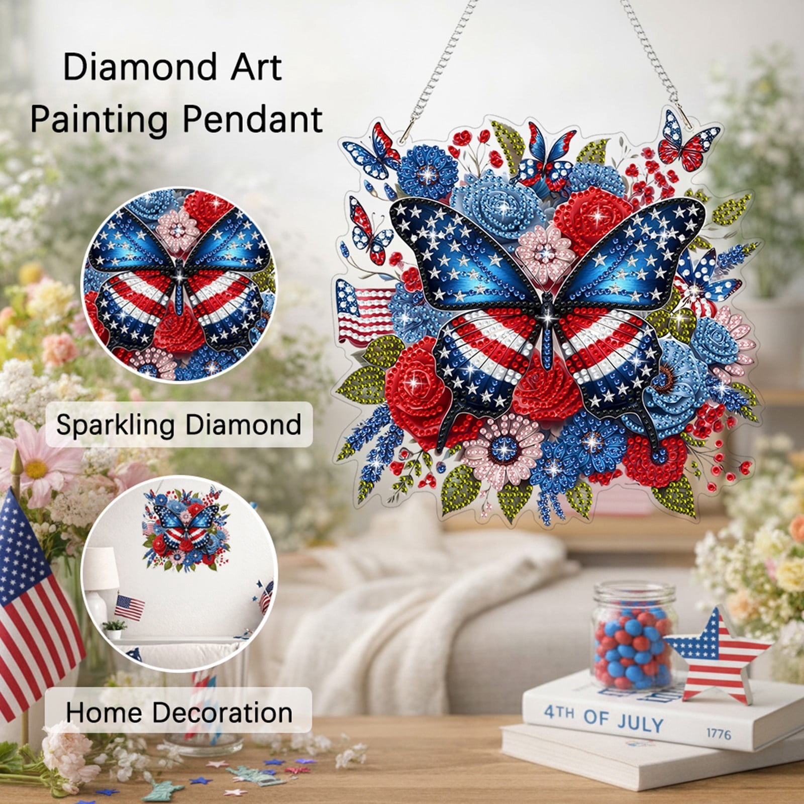 FLOPESN  DIY Diamond Art Kits, American Independence Day USA Butterfly Style, 8.27*8.27in Diamond Painting Pendant, Creative Design Wall Decor