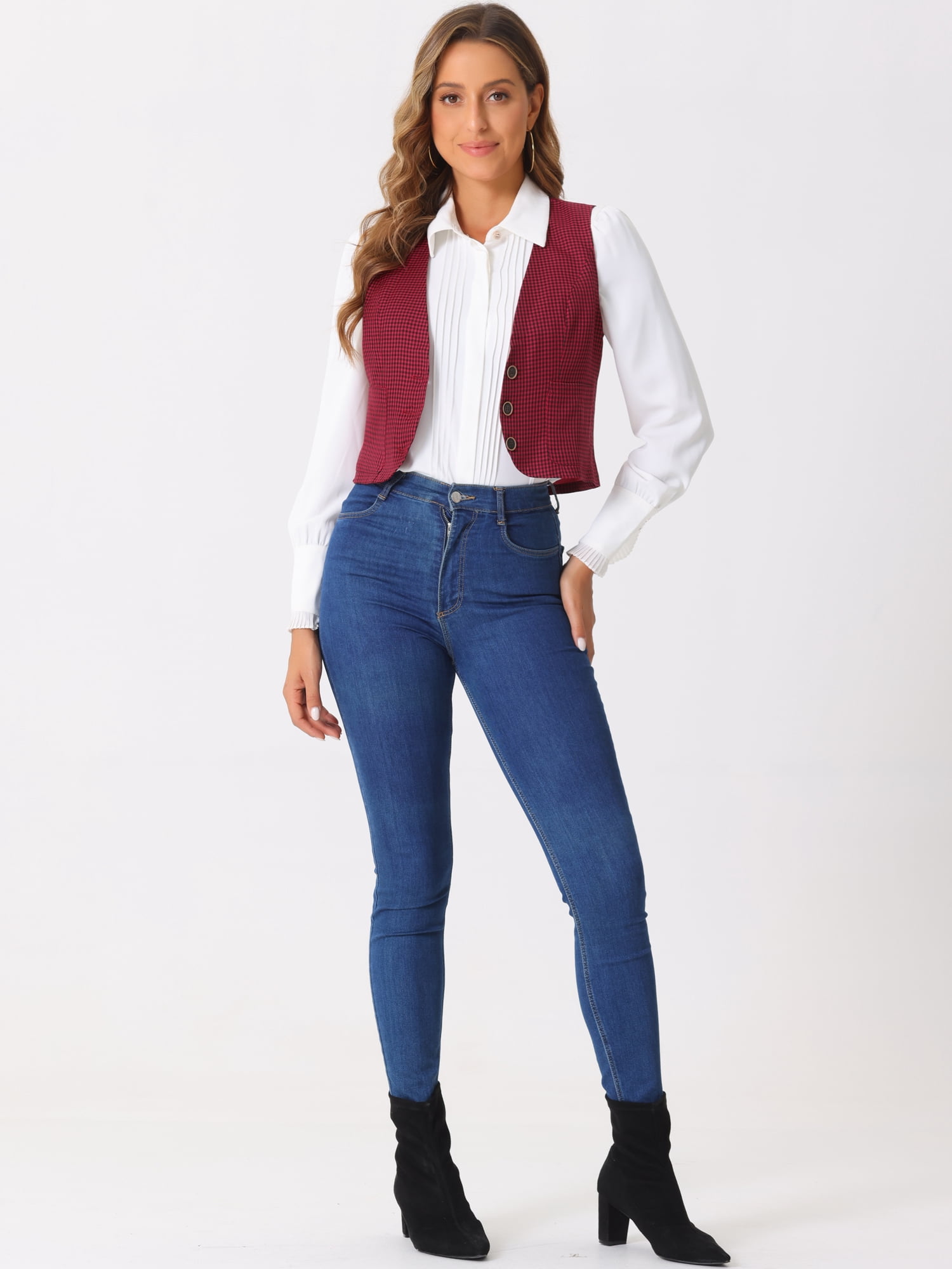 DARING DIVA Women's Plaid Single Breasted Sleeveless Racerback Waistcoat XS Red Black
