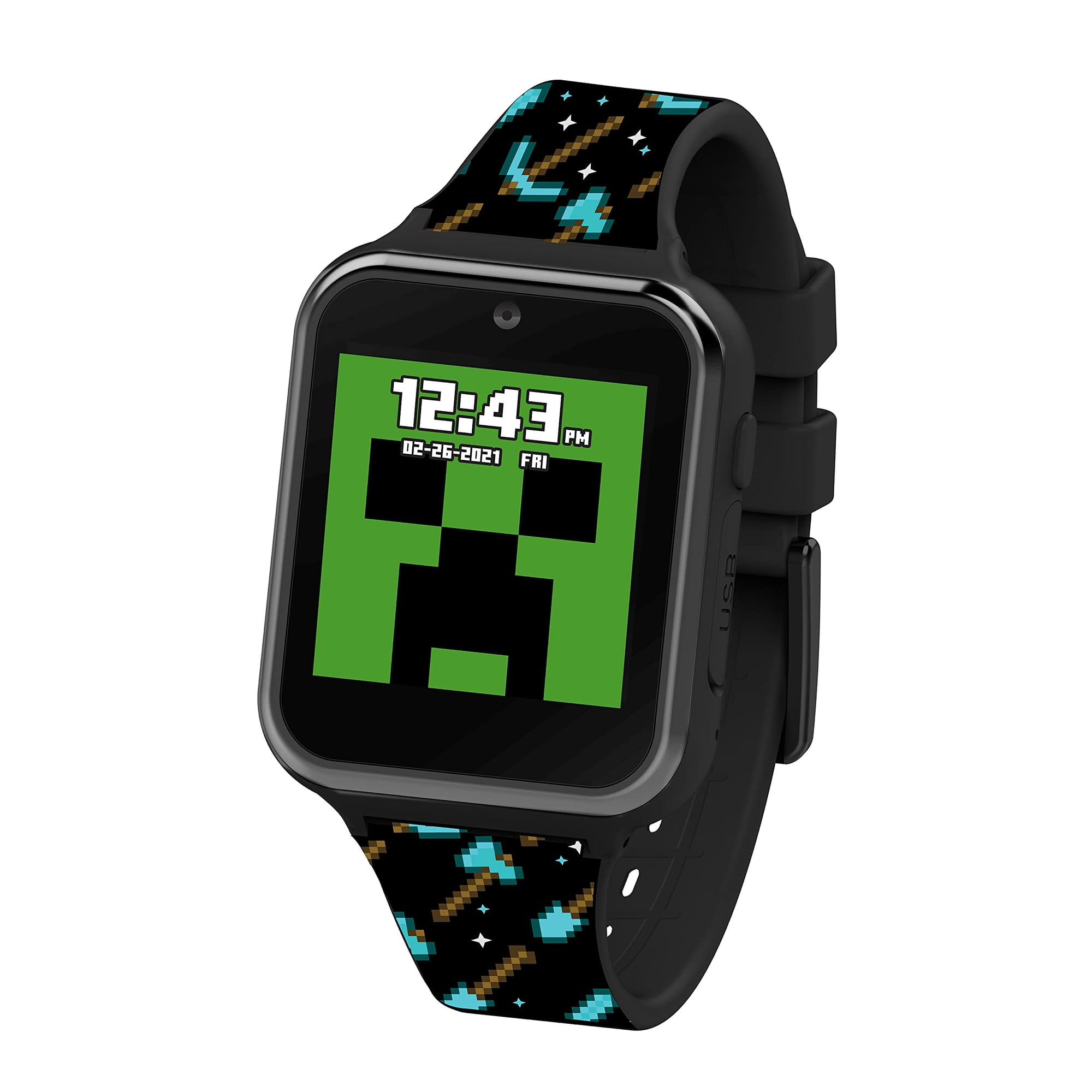 Accutime Minecraft Kids Black YPF5 Educational Learning Touchscreen Smart Watch Toy for Girls, Boys, Toddlers - Selfie Cam, Learning Games, Alarm, Calculator, Pedometer & More (Model: MIN4081AZ)