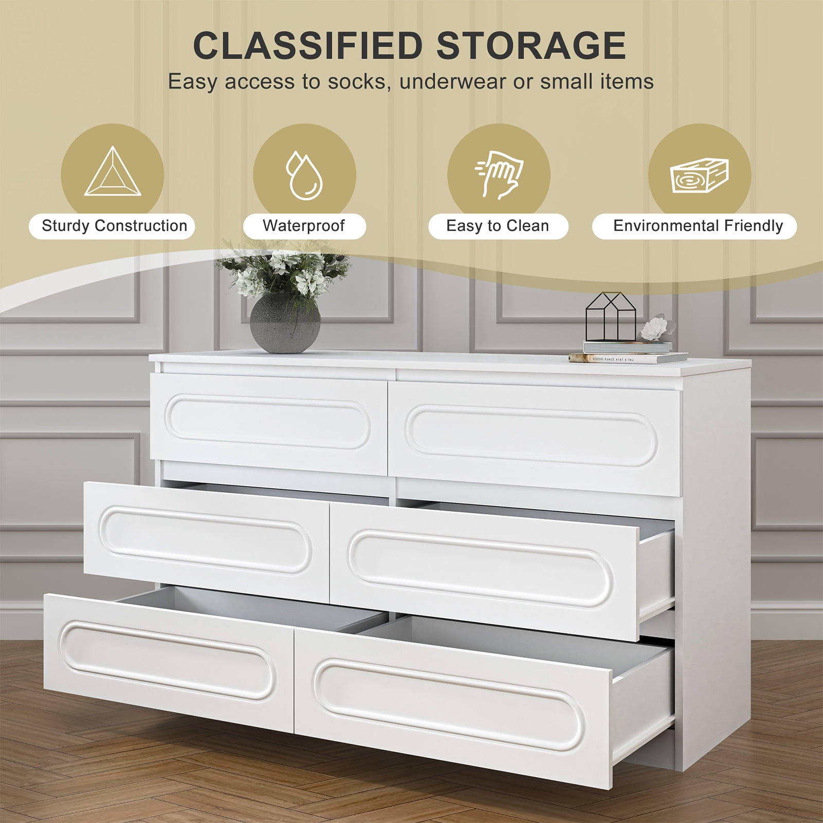 Resenkos 6 Drawer Dresser Chest Of Drawers Storage Cabinet Organizer, White Resenkos 6 Drawer Dresser Chest Of Drawers Storage Cabinet Organizer, White
