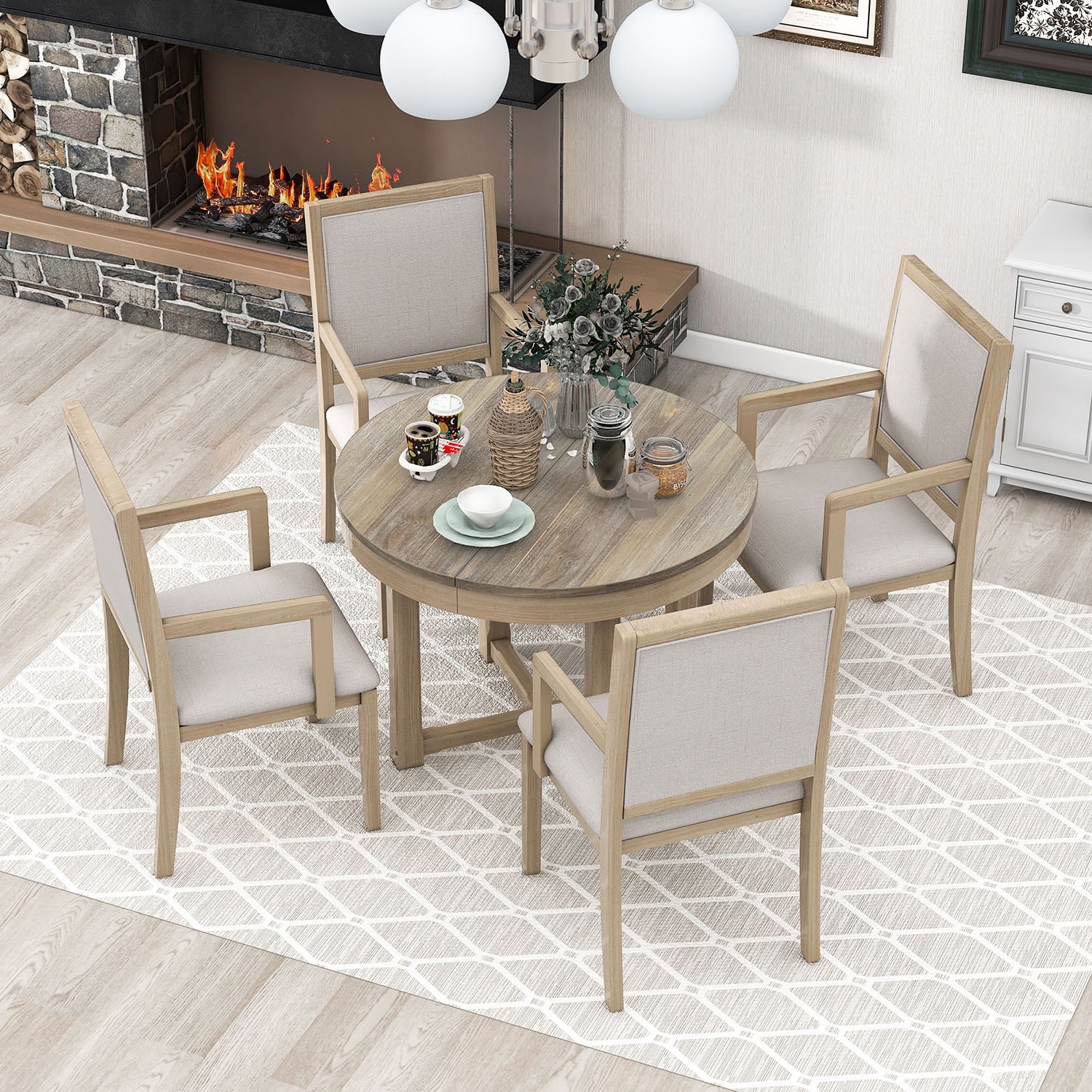 Kepooman 5 Piece Dining Room Table Set for Home, 4 Upholstered Dining Chairs with Armrests, Extendable Butterfly Leaf Wood Dining Table, Natural Kepooman 5 Piece Dining Room Table Set for Home, 4 Upholstered Dining Chairs with Armrests, Extendable Butterfly Leaf Wood Dining Table, Natural