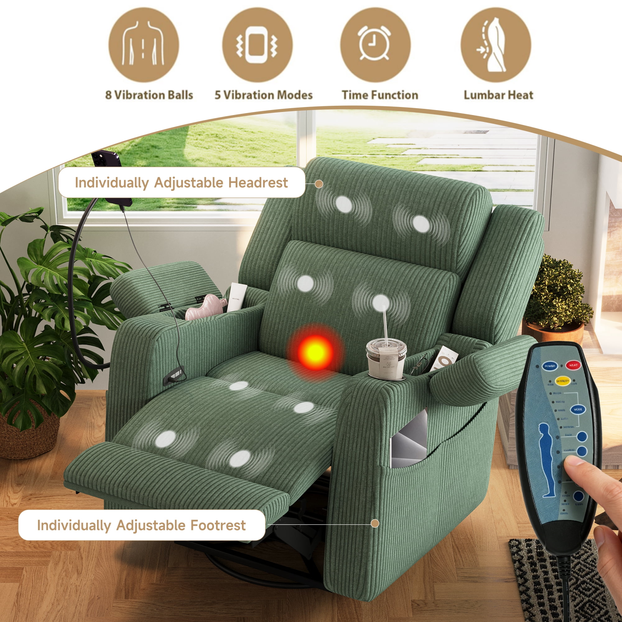 Leumius Recliner Chair with Heat and Massage,270° Swivel Rocker Recliner with Phone Holder & USB Ports,Single Rocker Sofa Nursery Glider with Hidden Storage, Side Pockets, Cup Holder,Green