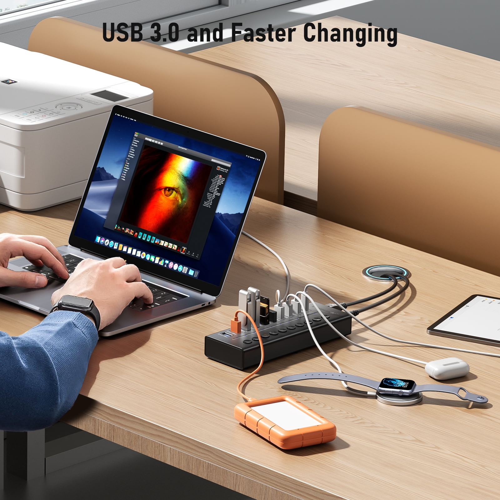 Lemorele 10-in-1 Docking Station, 7 USB 3.0 Hubs + 1 Type-C Port + 2 Type-A Ports for Fast Charging, Independent Switch with Indicator Light, 5gbps Transfer