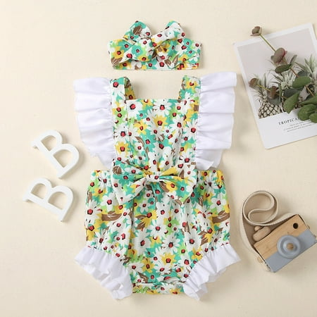 

Baby Kids Girls Sleeveless Ruffle Bow Floral Romper jumpsuit+Headband Set