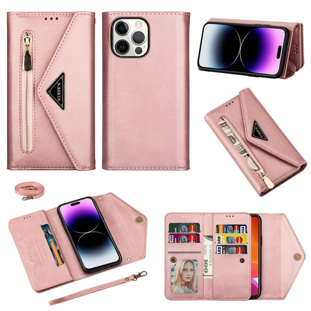 For iPhone 13 Pro Wallet Case,Women/Men A Multi-Card Slot Card Holder Premium Folio Flip Leather Protective Zipper Pocket Purse Wallet Case With Hand Strap and Shoulder Strap Case