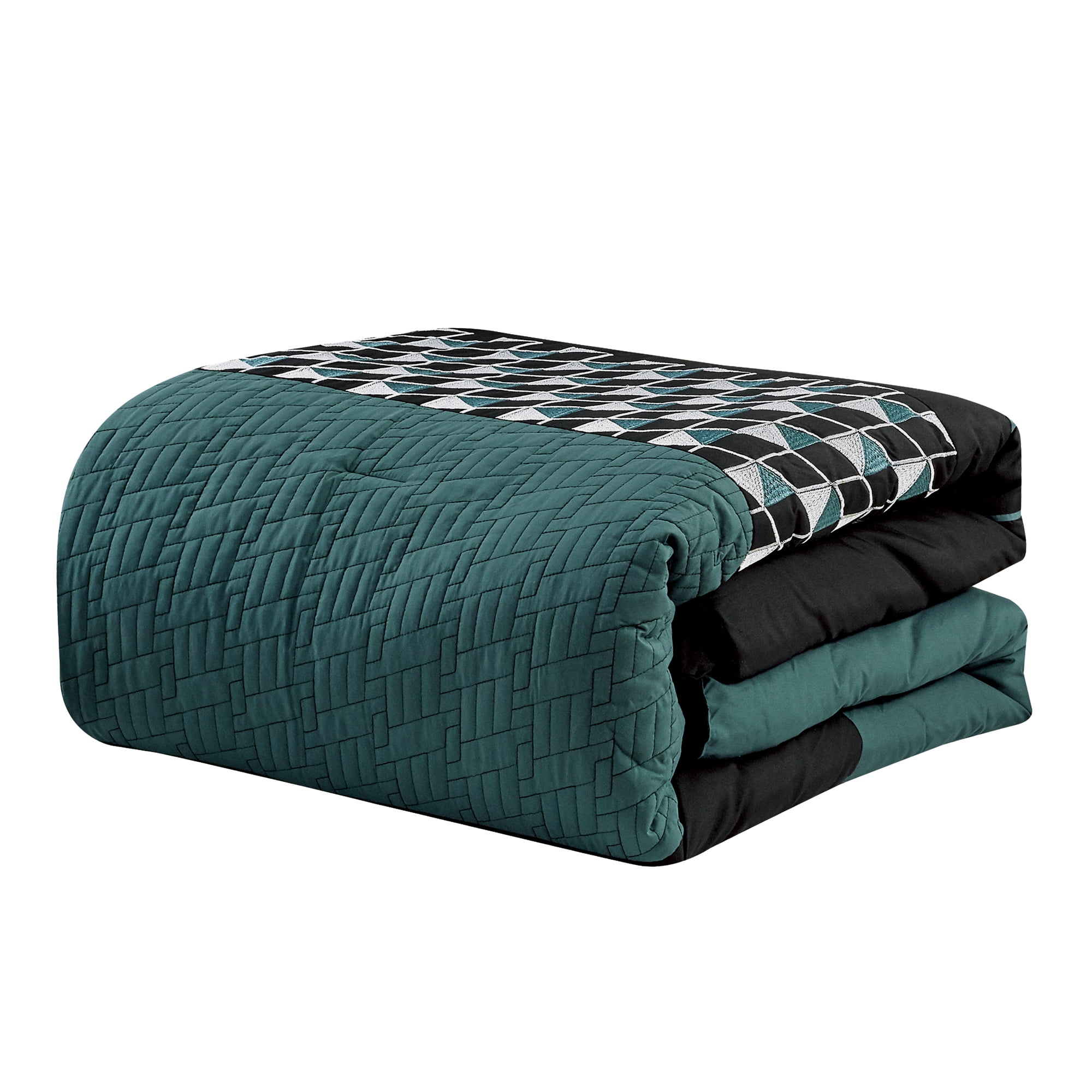 7-Pieces Matisoon Black and Green Comforter Set, Embroidery Geometric Bedding Set - Queen Size