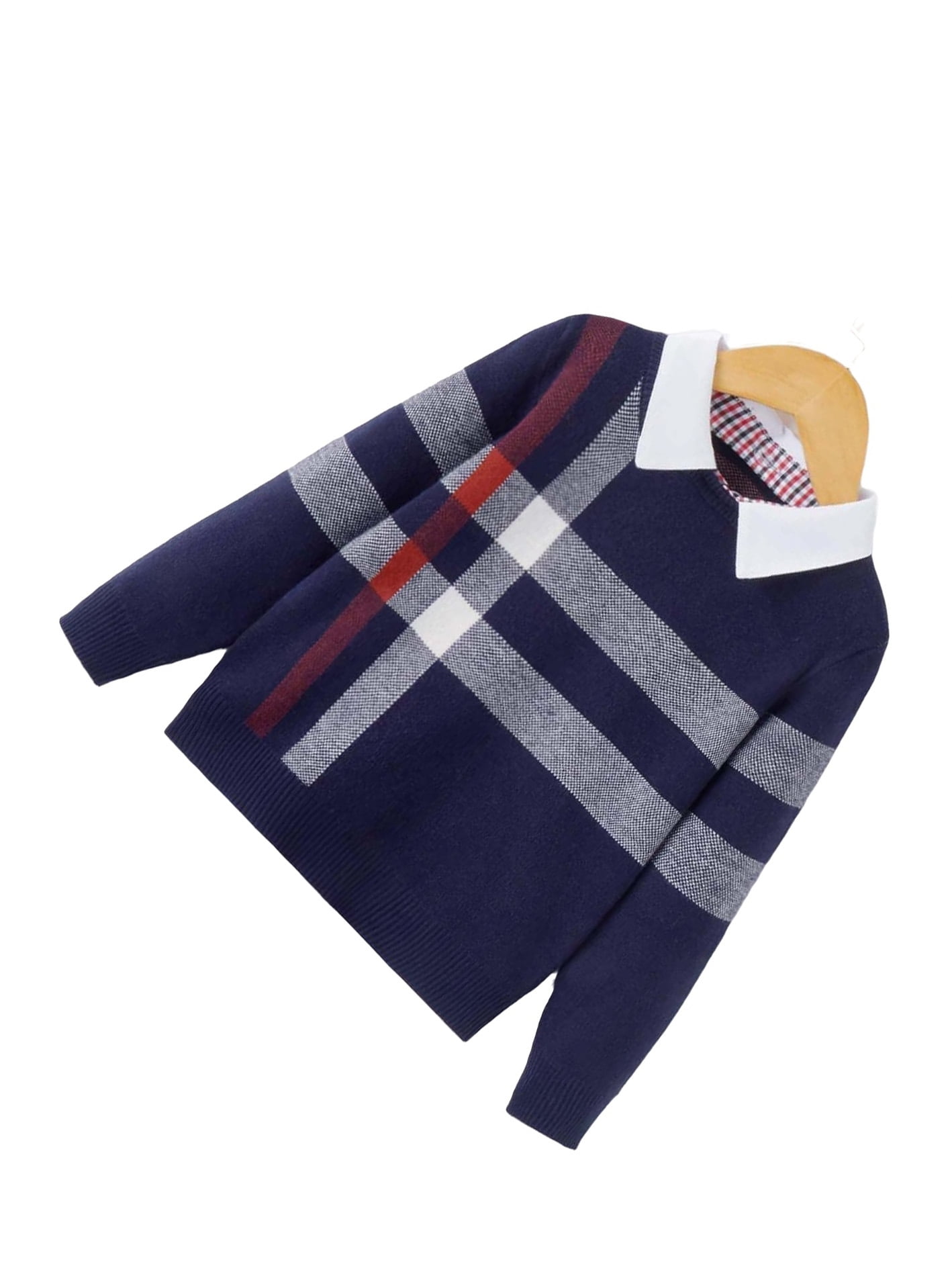 Casual Plaid Print Collar Pullovers Long Sleeve Navy Blue Toddler Boy