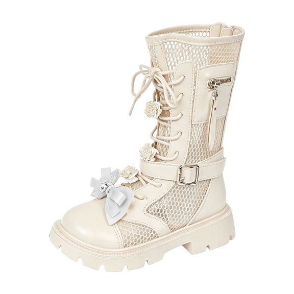 SZJXBUY Girls Shoes Boots Cute Floral Mesh Lace Up Mid Calf Boot Breathable Buckle Strap Side Zipper Lug Sole Shoe White,5-6 Years