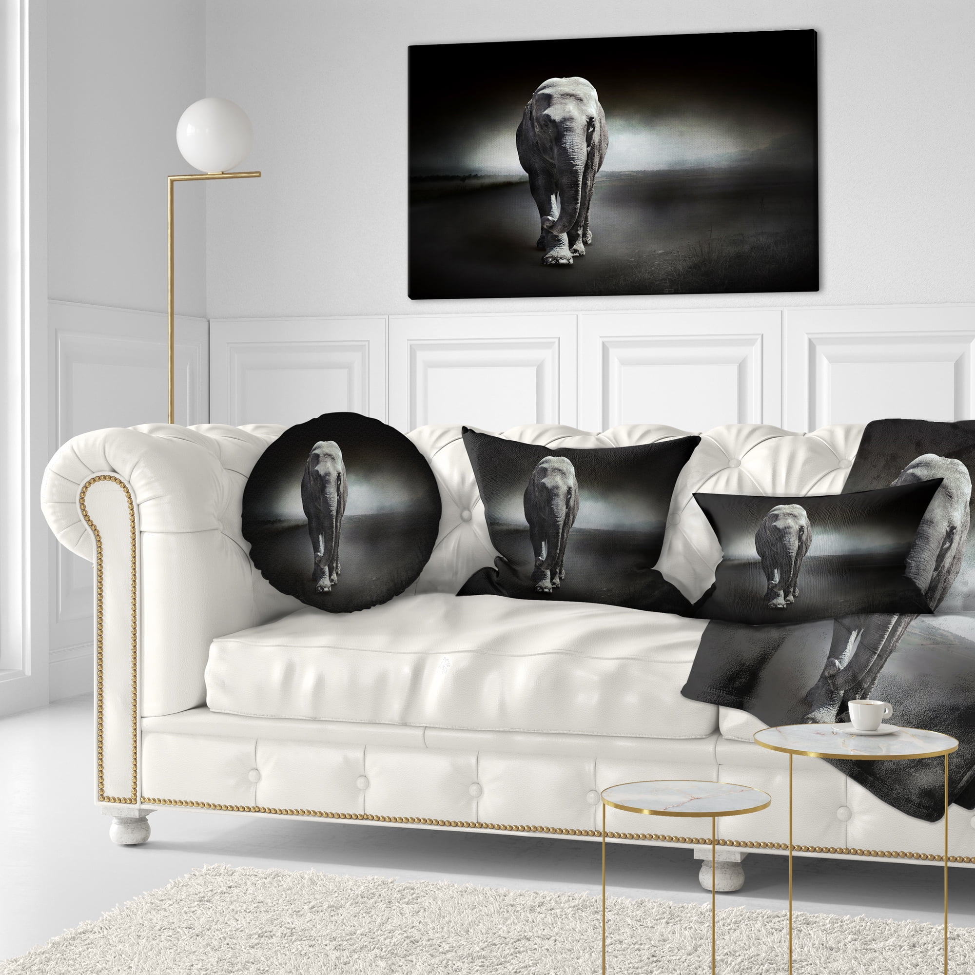 Designart Large Elephant on Black - Animal Throw Pillow - 12x20