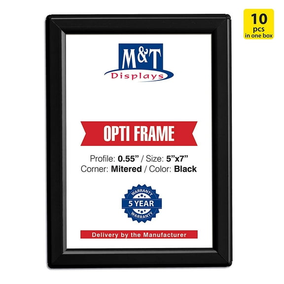 M&T Displays 5x7 Snap Frame, Opti Frame, Aluminum, Wall Mounted Frames - Black / 10pcs / $5.95 Each, Front Loading