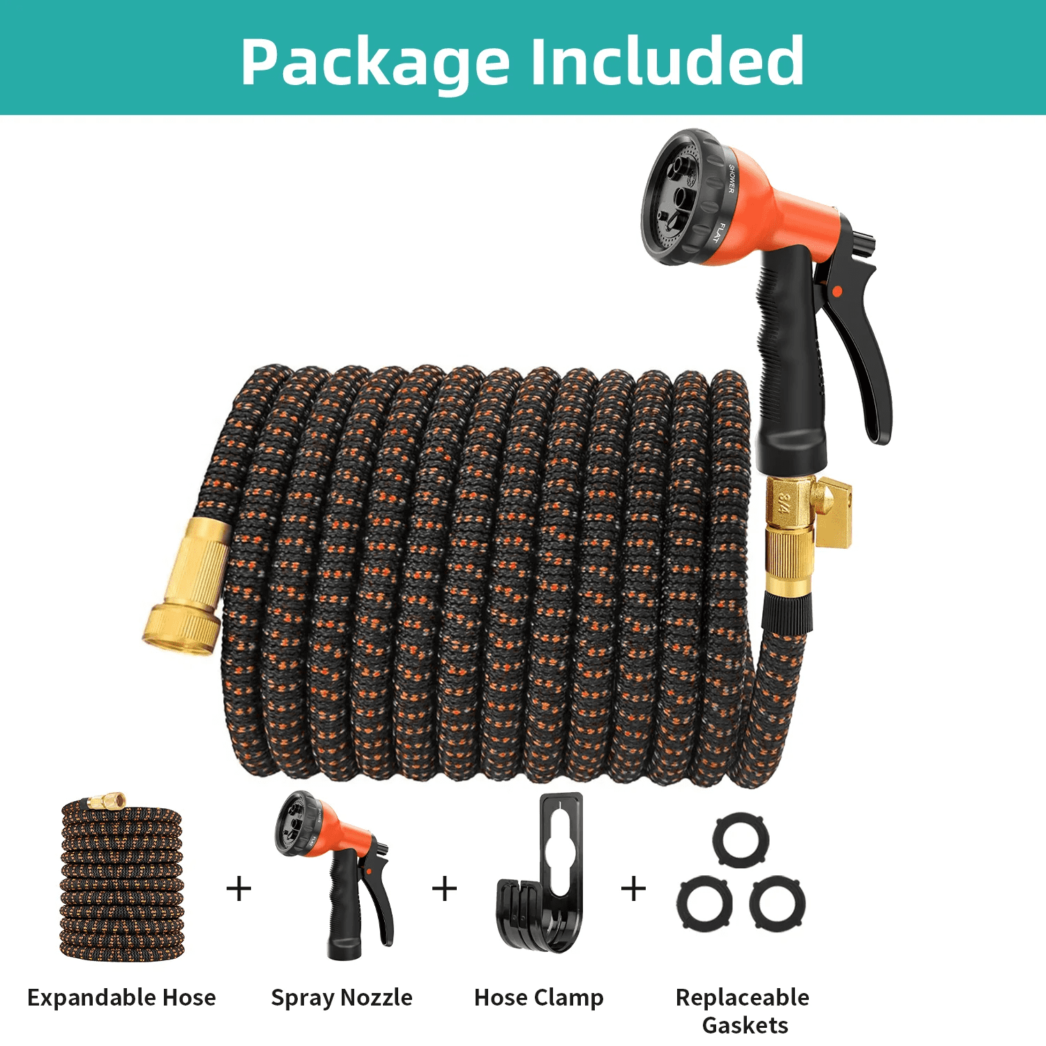 Expandable Garden Hose 25ft Flexible Water Hoses for Outside with 8-Pattern Spray Nozzle Upgraded No-Kink Expanding Garden Hose(Black/Org)