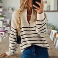 thumbnail image 4 of Women Fall Winter Half Zip Striped Pullover Sweaters Trendy V Neck Oversized Long Sleeve Knit Clothes Cream White M, 4 of 7