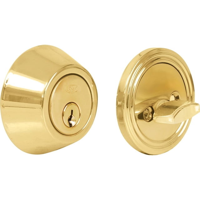 cerrojo tubular doble acabado latón brillante 16ce lock lock 16ce - vista frontal y posterior de cerrojo tubular doble en acabado latón brillante; cuerpo cilíndrico con cilindro de latón y orificio para llave, placa trasera redonda con perilla giratoria. Ajustable para puertas de 35–45 mm, incluye 2 llaves estándar y cilindro de 5 pernos; estructura metálica con tratamiento tropicalizado. También suele usarse en puertas de gabinetes o cajas pequeñas donde se requiere cerrojo compacto.