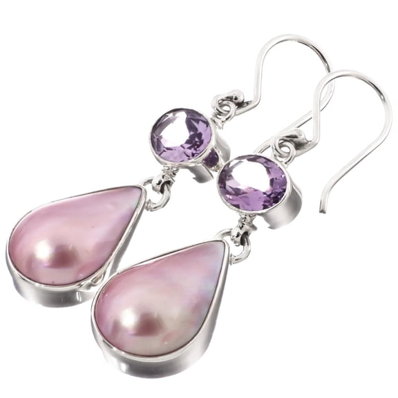 Teardrop Pink Mabe Cultured Pearl Amethyst 925 Sterling Silver Earrings, 1 1/4"