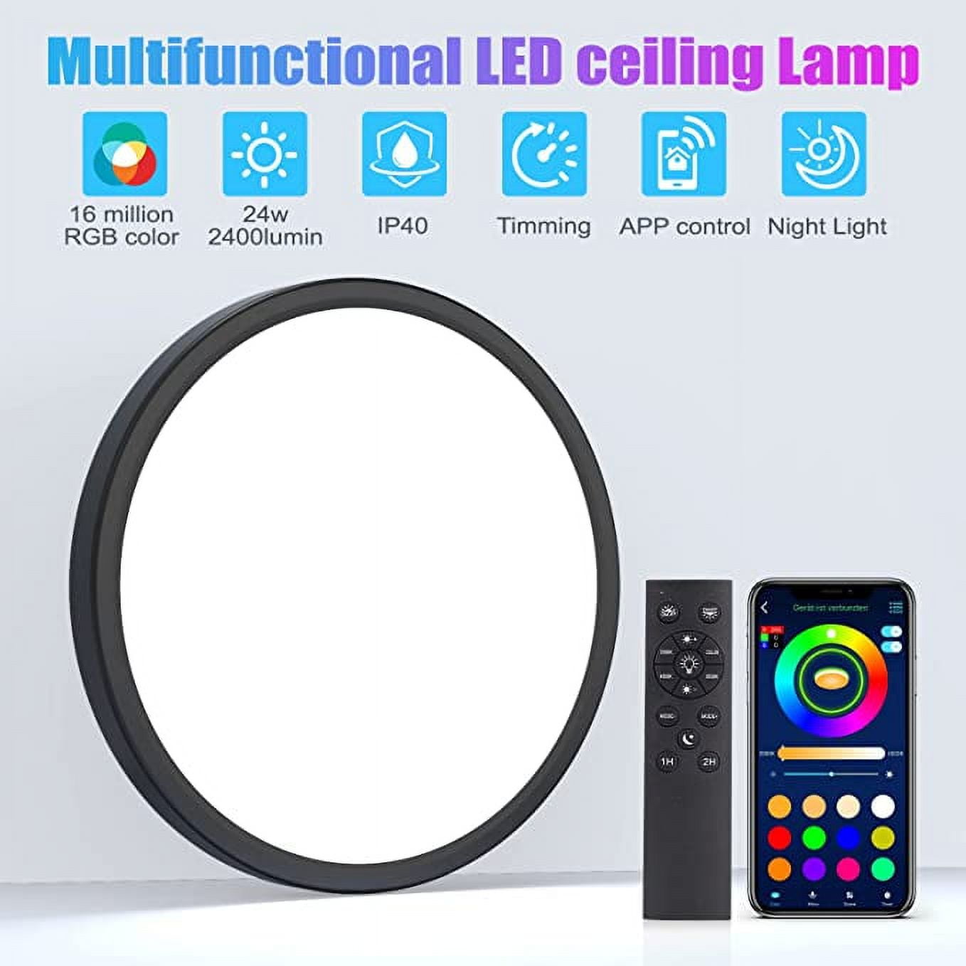 Flush Mount Ceiling Light, 24W RGB Ceiling Light Fixture with Remote Control Bluetooth App,Dimmable Led Ceiling Light 3000K-6500K,12Inch Round Close to Ceiling Lights Bedroom Kitchen Hallway