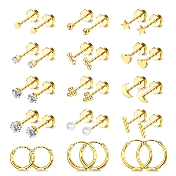 Small Hypoallergenic Flat Back Stud Earrings for Women Men 14K Gold Plated Surgical Stainless Steel Earring Sets Tiny Screw Back Cartilage Earrings for Sensitive Ears