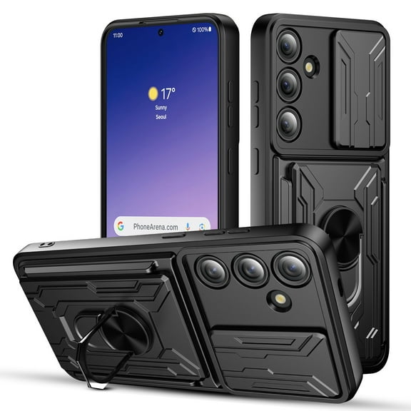 Elegant Choise Case with 2Pcs Screen Protector for Samsung Galaxy S24 Ultra/S24 Plus/S24 Card Slot Wallet Case Finger Ring Holder Cover, Black