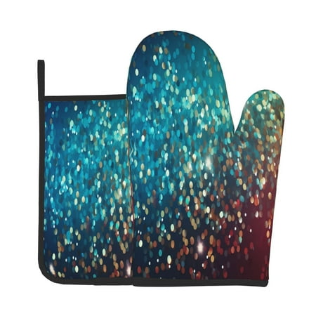 

Zeuib Colorful Rainbow Glitter Print Oven Mitt & Pot Holder Set 2-Pack Kitchen Gloves and Hot Pads for Cooking BBQ Grilling Baking