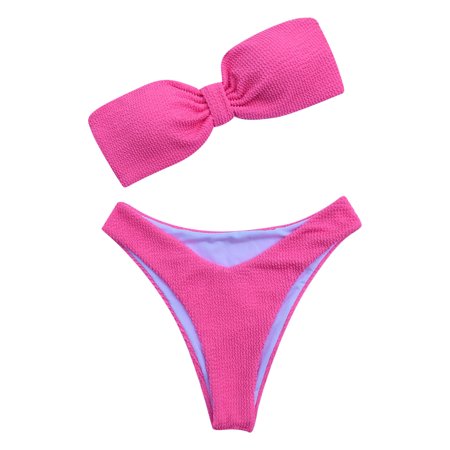 CYMMPU Swimsuit Women s Wrap Two Piece Bandeau Bathing Suit Strapless Smocked Swimsuits Neon Beachwear Set High Cut Trendy Bikini