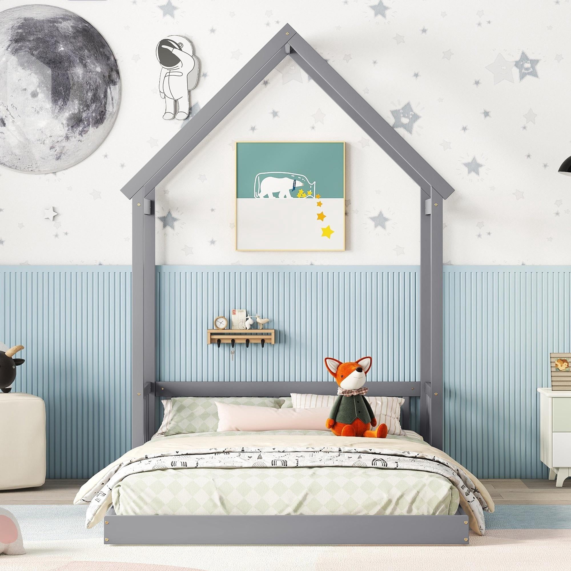 PORKISS Full Size Floor Bed for Kids, Wood Montessori Bed with House-shaped Roof, Grey