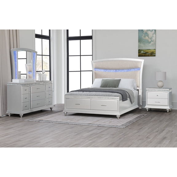 4pc Silver Storage Queen Platform Bed Set Upholstery Headboard LED Light