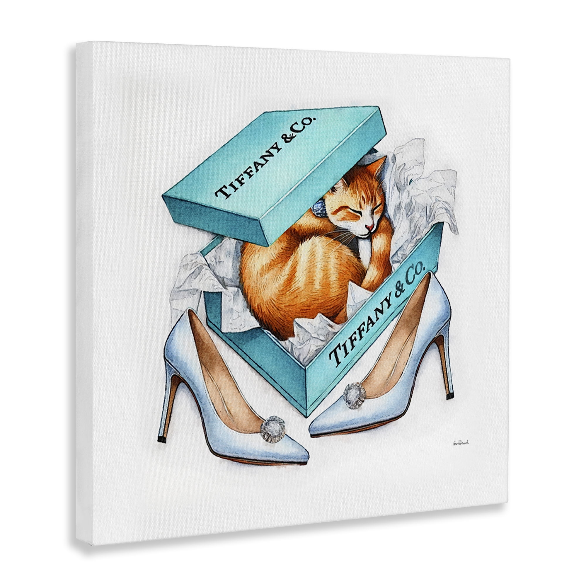 Stupell Industries Blue Shoebox with Cat Animals Painting Wrapped Canvas Art Print Wall Art, 24 x 24
