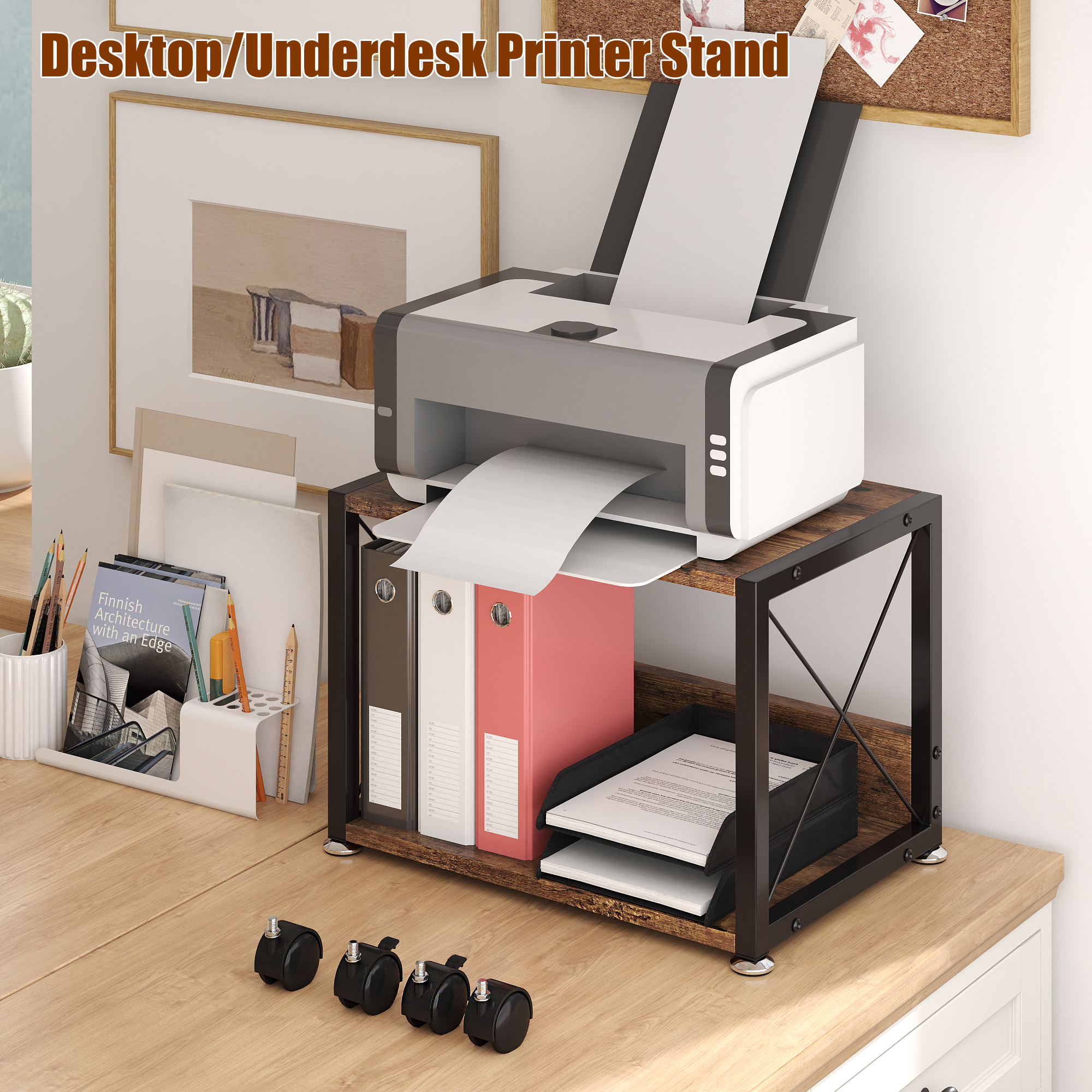 Petoto Printer Stand, 2 Tier Mobile Printer Table with Locking Wheels, Heavy Duty Printer Shelf Printer Cart for Under Desk, Home, Office