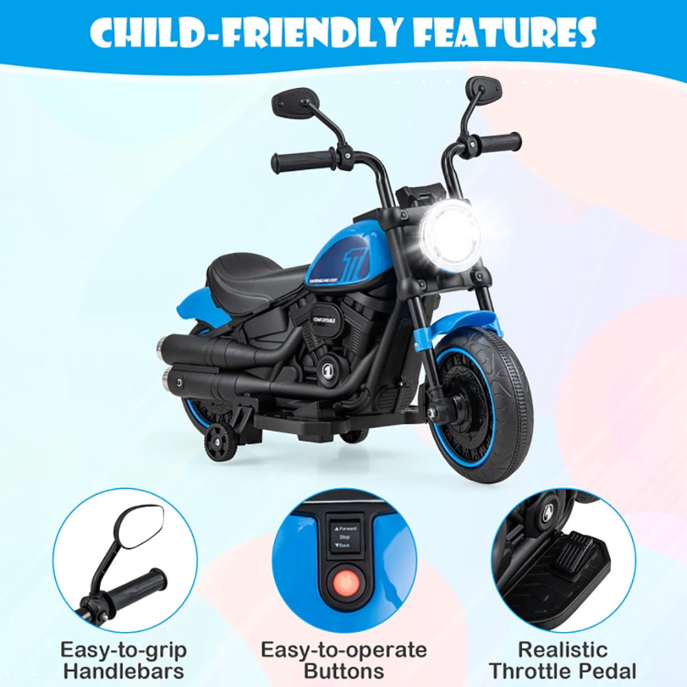 Resenkos Kids Electric Motorcycle with Training Wheels and LED Headlights-Blue, Motorcycle Toy for Children Boys & Girls