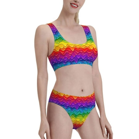 Uemuo Bright Rainbow Printed Women s High Waisted Bikini Sets Sporty Two Piece Swimsuits Color Block Cheeky High Cut Bathing Suits-XX-Large