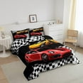 thumbnail image 2 of Sports Car Comforter Set Full Size,Red and Yellow Racing Car Bedding Set Teens Bedroom Decor,Black White Plaid Grid Print Quilt Set, 2 of 6