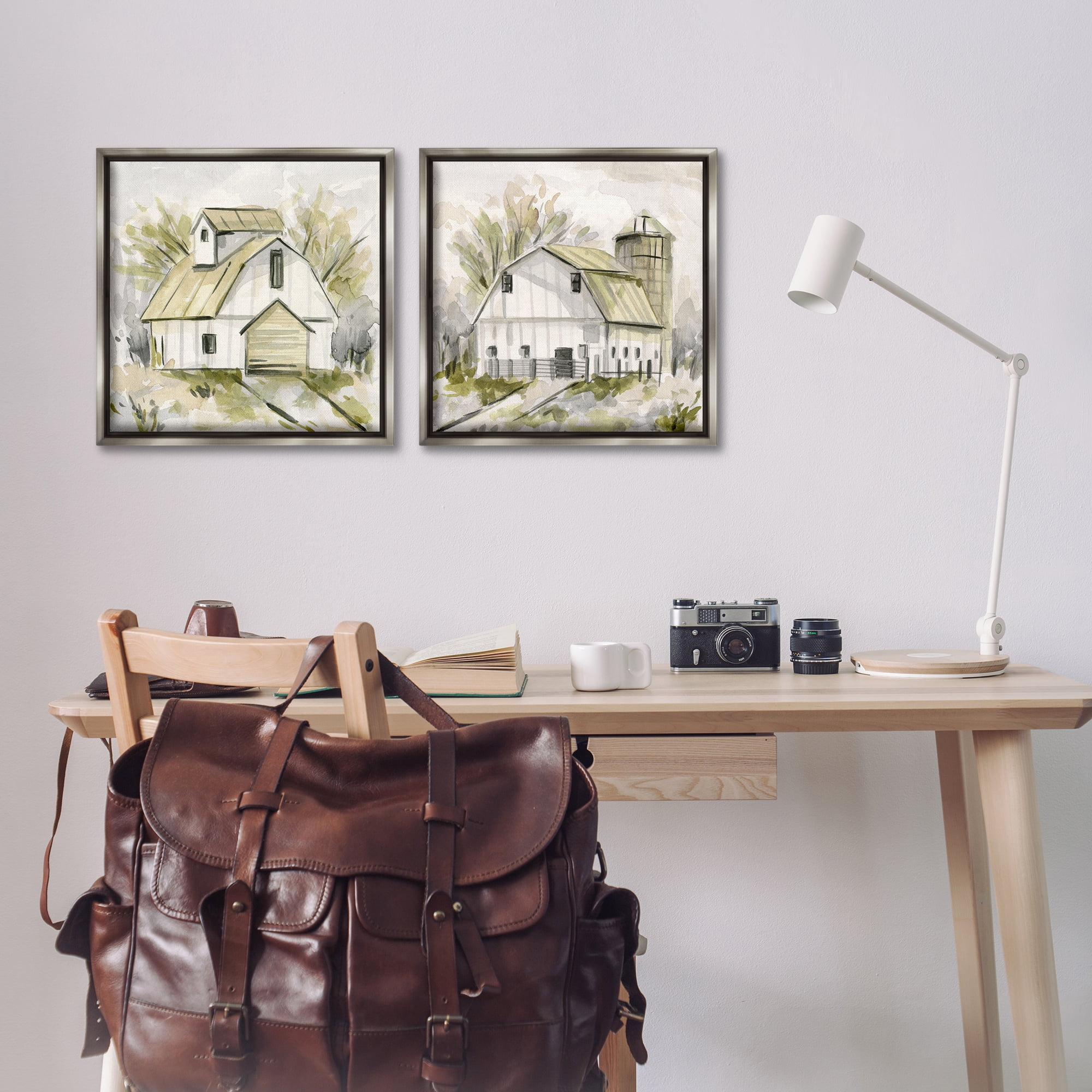 Stupell Industries Sketch Drawing Barn Silo Landscape & Nature Painting Gray Floater Framed Canvas Art Print Wall Art, 18 x 18, Set of 2