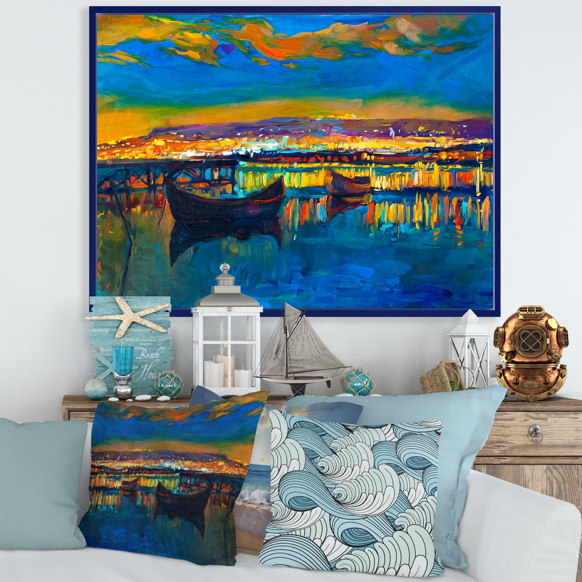 Designart 'Two Little Boats In The VIllage Harbor Ar Night' Nautical & Coastal Framed Canvas Wall Art Print