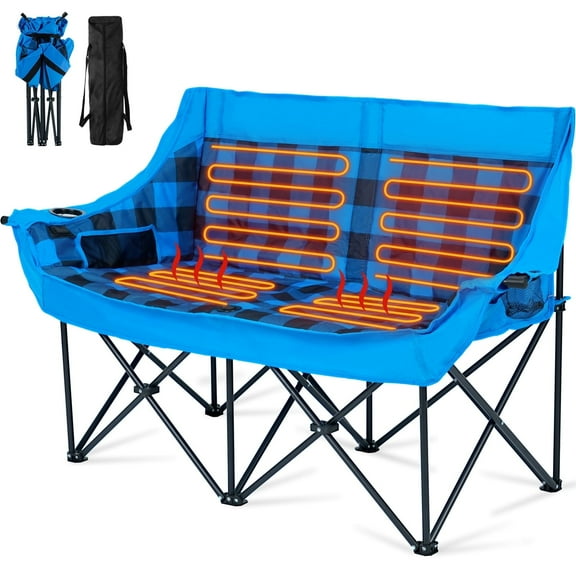 ABORON Oversized Double Heated Camping Chair Folding Loveseat, 2-Person Folding Chair Portable Heated Chairs for Outdoor Sports with 3 Heat Levels, Patio Lounge Chairs Lawn Chair for Camping