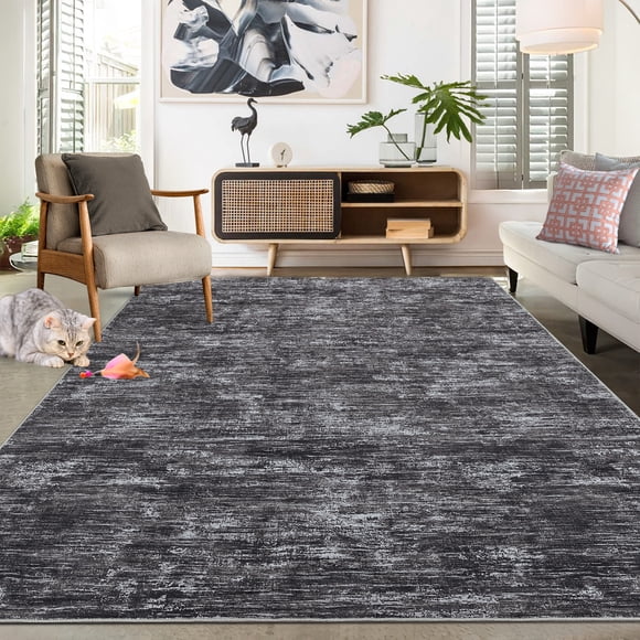 GlowSol 9'x12' Washable Rugs for Living Room Bedroom Modern Abstract Solid Area Rug Non-Slip Low Pile Rug Soft Foldable Accent Rug, Dark Gray
