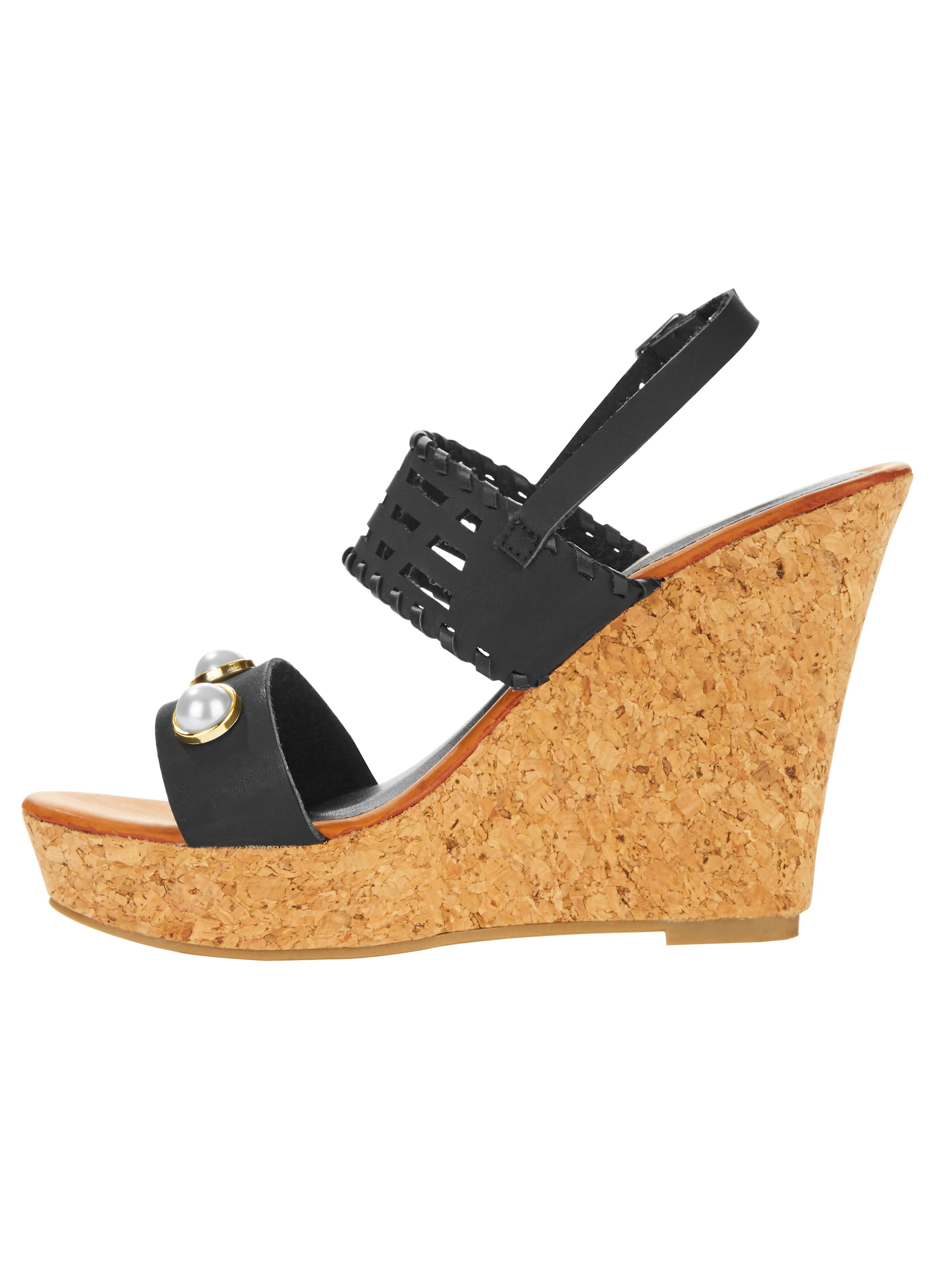 Forever Young Women's Faux Leather Wedges With Pearls Embellishments and Embossed Strap