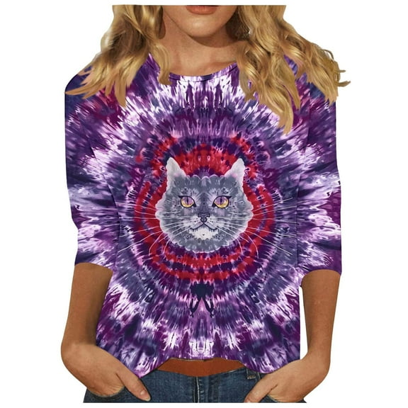 CYMMPU Spring Tunic Tops Boho Blouses for Women Dressy Casual Loose Fit Fall Fashion Shirts Tie Dye Round Neck 3/4 Sleeve Ombre T-Shirts L