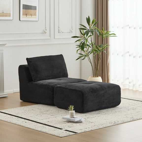 Modern Memory Foam Compressed Sofa,Single Chaise Longue for Living Room,Pet-Friendly Cloud Modular Sectional Sofa,Fabric,Movable Ottoman,No Assembly with Pillows,Black