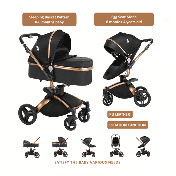 Iris Baby Baby Stroller, Baby Pram with PU Leather, Infant Pushchair with Egg-Shaped Design for Babies 0-4 Years, Unisex, Black