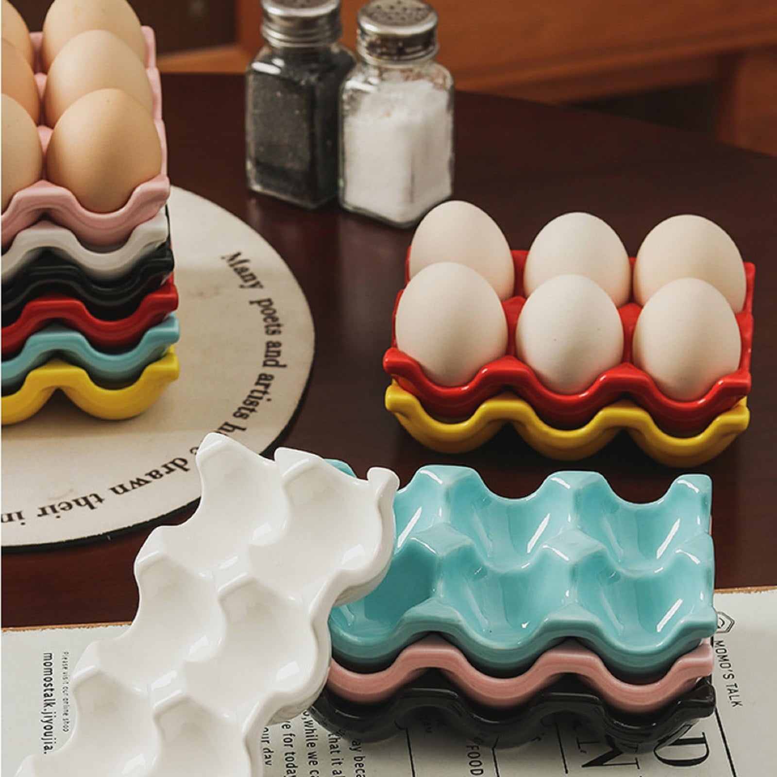 BEGHT 2Pcs Ceramic Half Dozen Egg Tray Holder for Countertop, Refrigerator, Porcelain Egg Carton Holds6 Chicken Eggs, Hard Boiled Eggs for Refrigerator Countertop Display Kitchen.