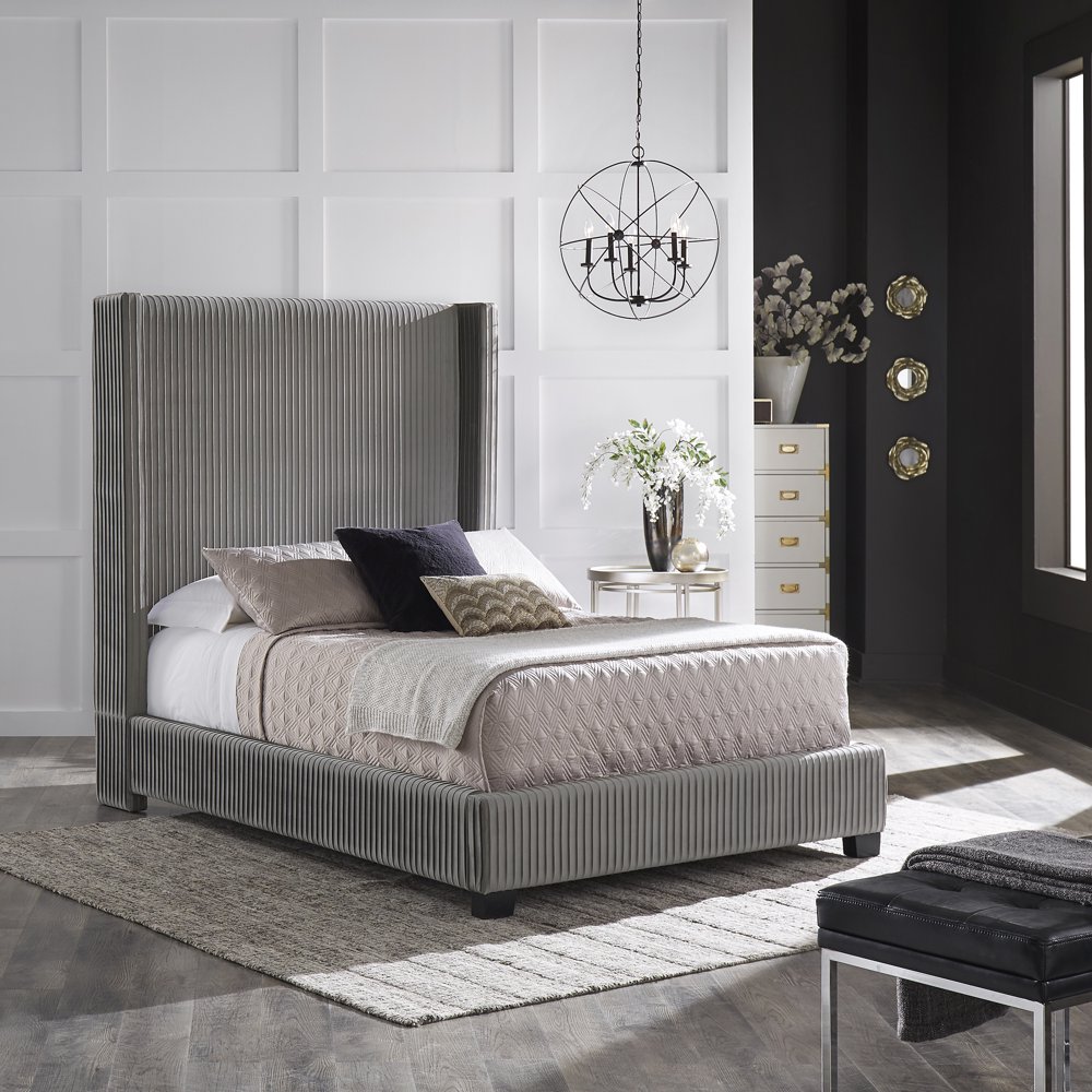 Weston Home Bergman Pleated Velvet Wingback Full Bed, Grey