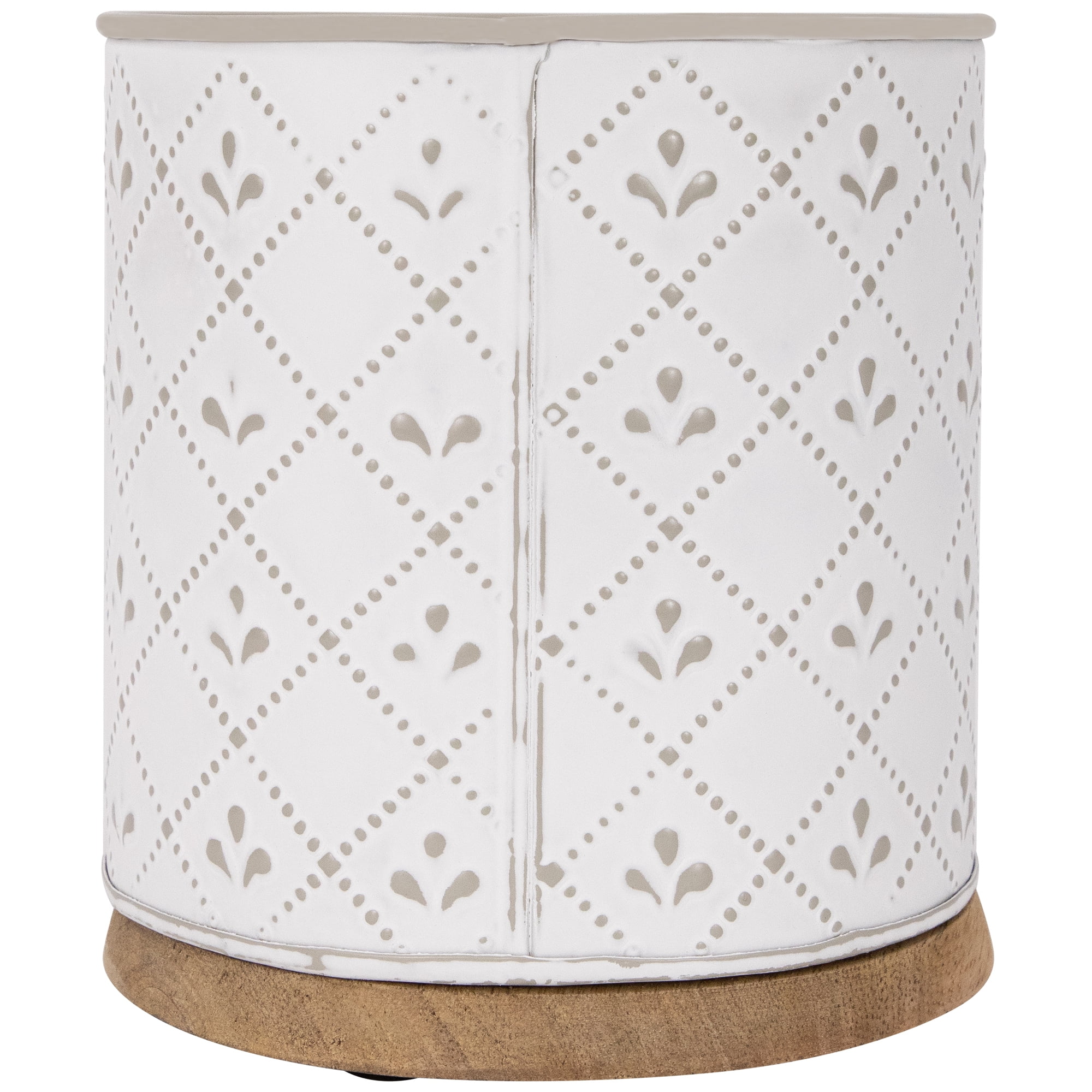 Northlight 6.5" White Round Embossed Utensil Storage Container with Wooden Base