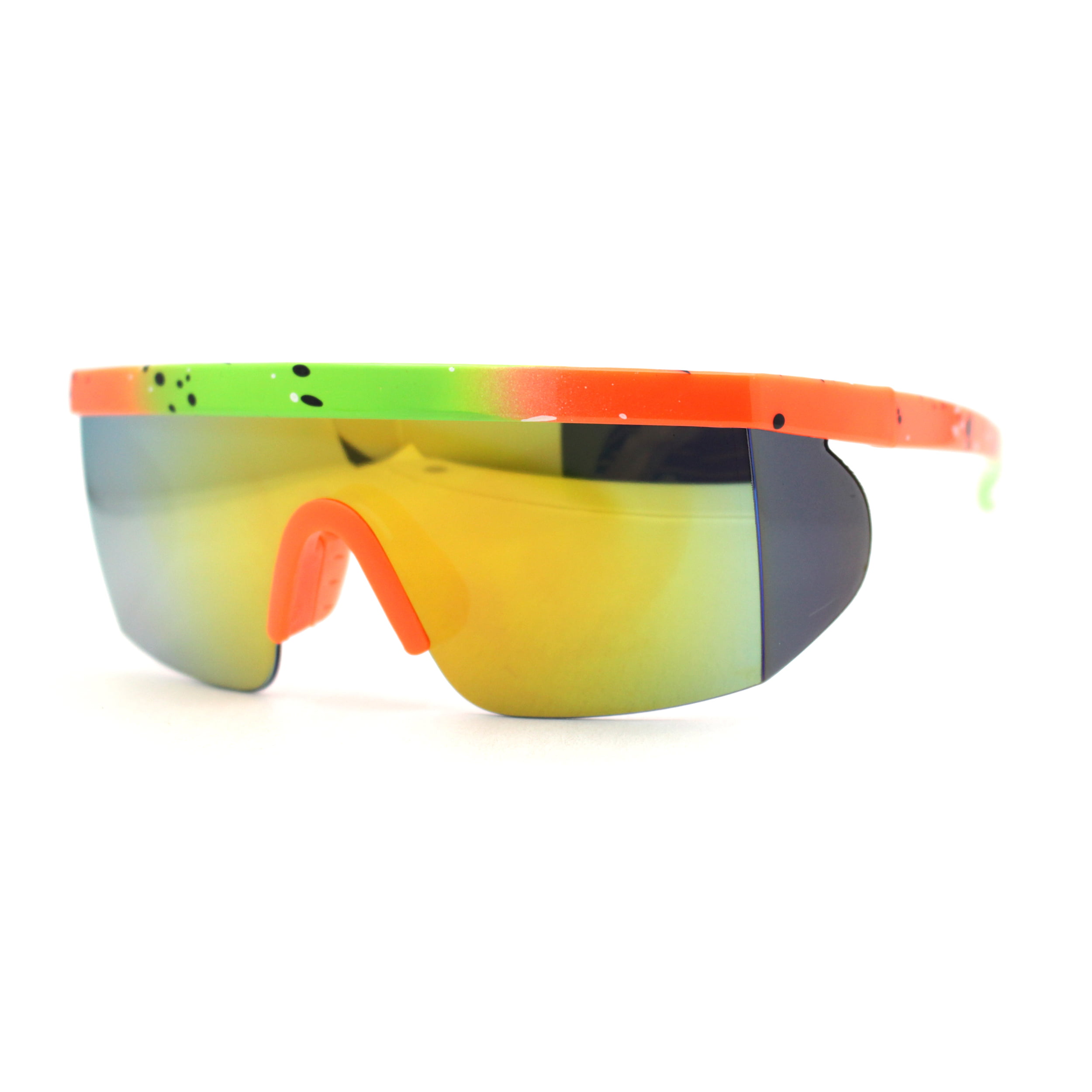 80s Mirror Flat Top Half Rim Wind Breaker Side Lens Sport Sunglasses Green  Orange Paint Splatter 
