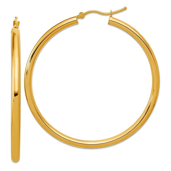 10k Yellow Gold Polished 3mm Lightweight Tube Hoop Earrings 50mm Long 3mm Thick Hoop Earring for Women