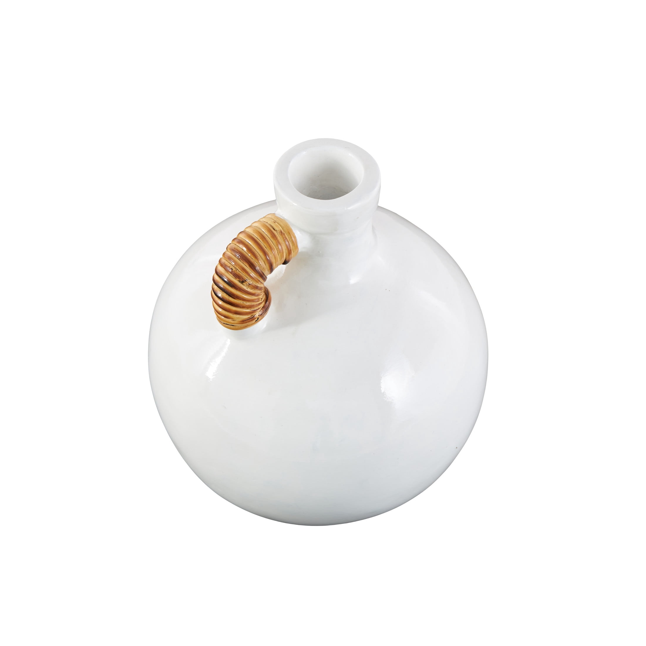 DecMode 11" Jug Inspired White Ceramic Vase with Rattan Wrapped Handle
