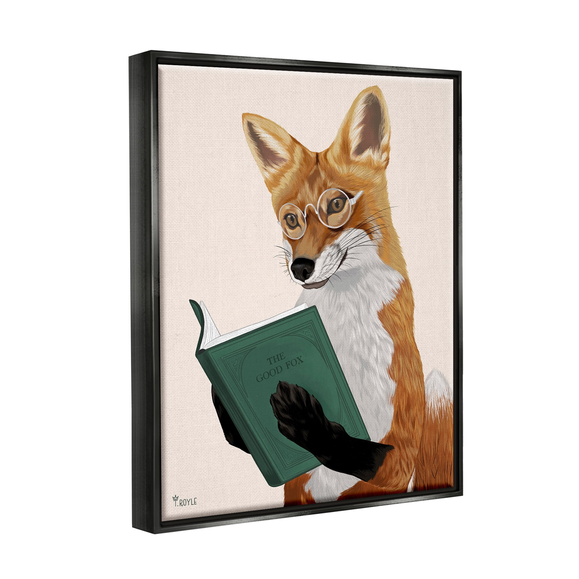 Stupell Industries Wild Fox Reading Book Animals & Insects Painting Black Floater Framed Canvas Art Print Wall Art, 17 x 21